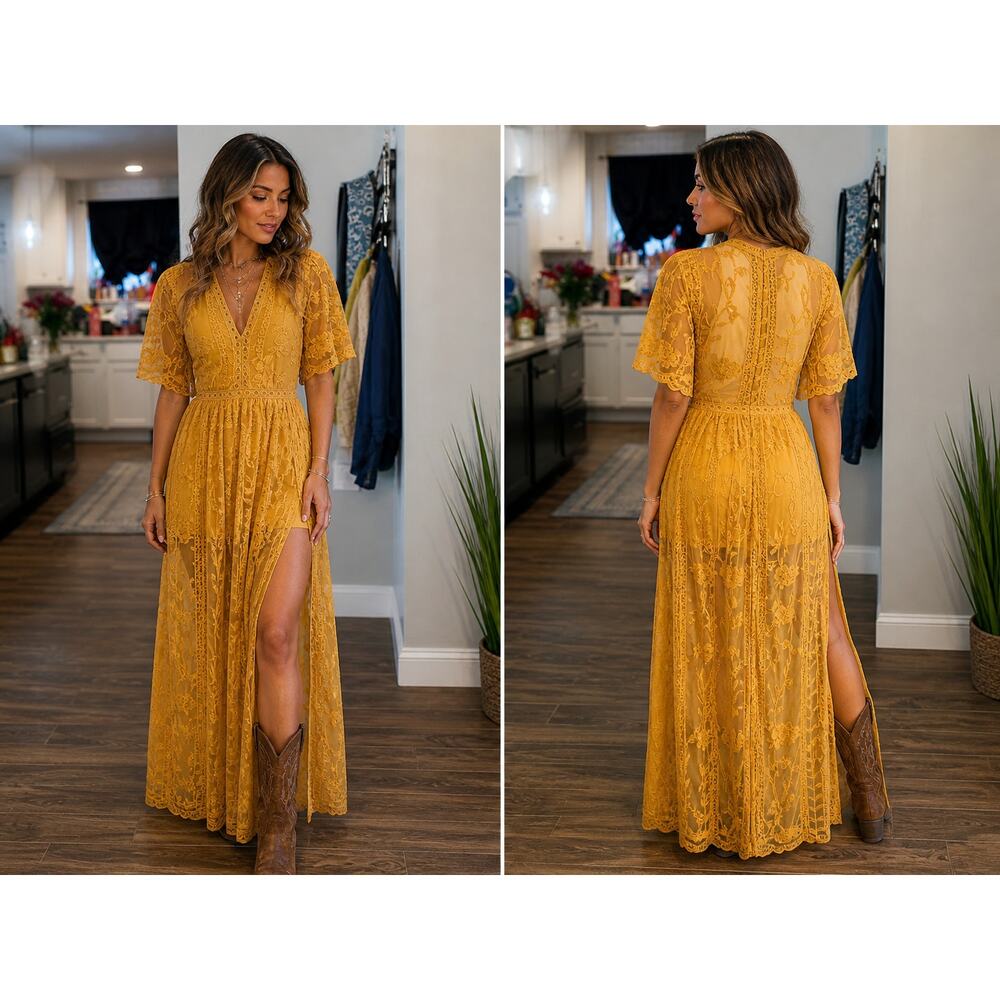 Boho Marigold Floral Lace Overlay Romper Maxi Dress Prairie Festival Sheer